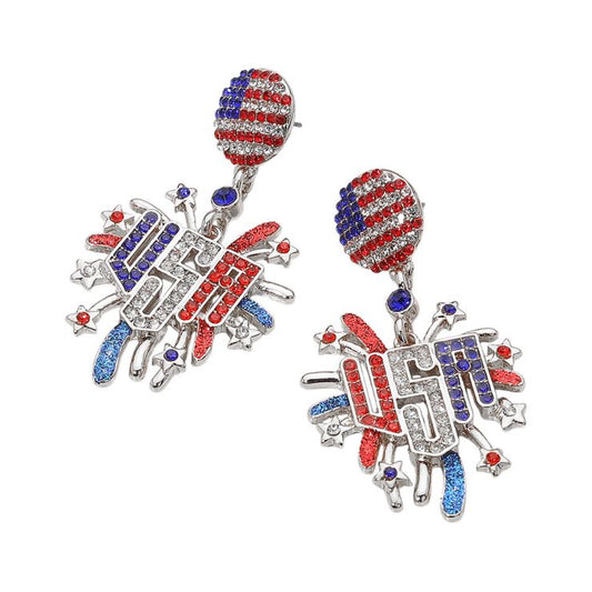 Women's Stone Paved American USA Flag Accent Enamel Message Firework Dangle Stud Earrings 4th of July