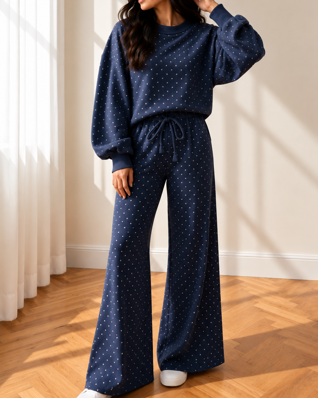 Jane Polka Dot Drawstring Wide Leg Long Sleeve Top Pant Set