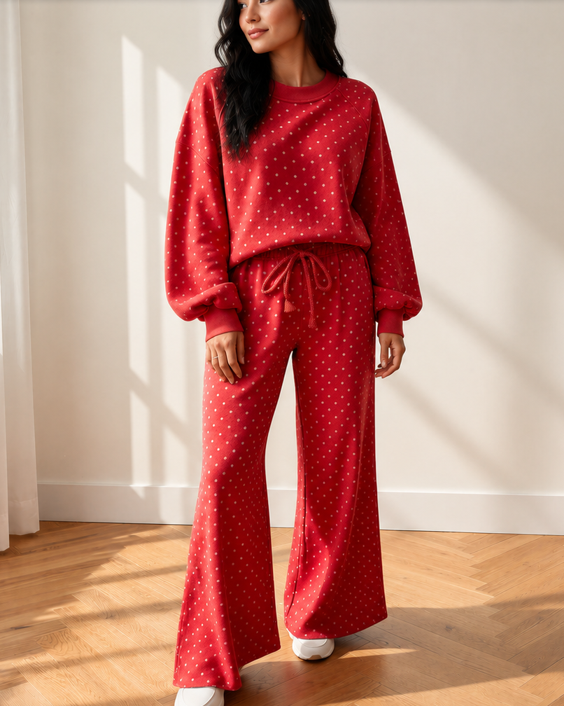 Jane Polka Dot Drawstring Wide Leg Long Sleeve Top Pant Set