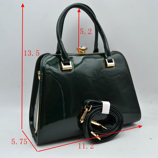 Patent Frame Satchel Handbag with Top Handles and Pearl Clasp