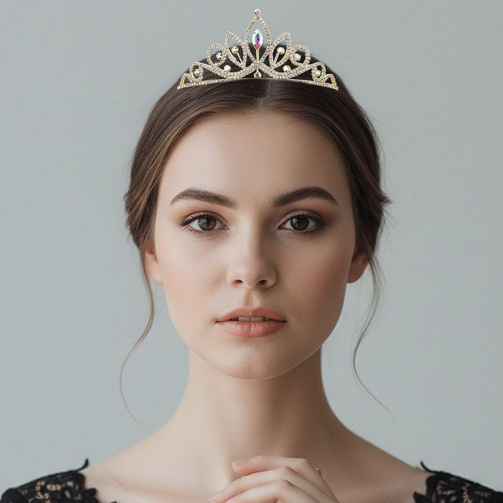 Marquise Stone Cluster Centered Rhinestone Pave Princess Tiara
