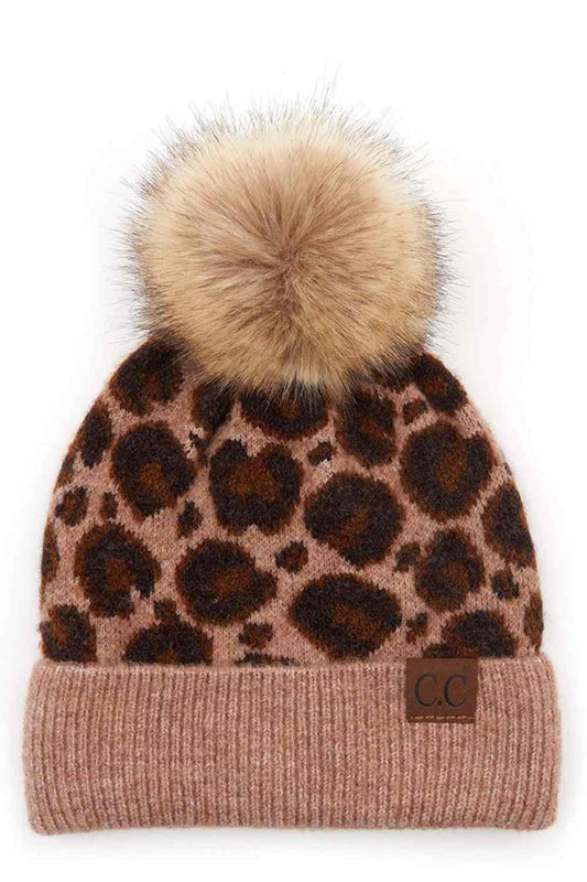 C.C Leopard Knit Beanie With Pom