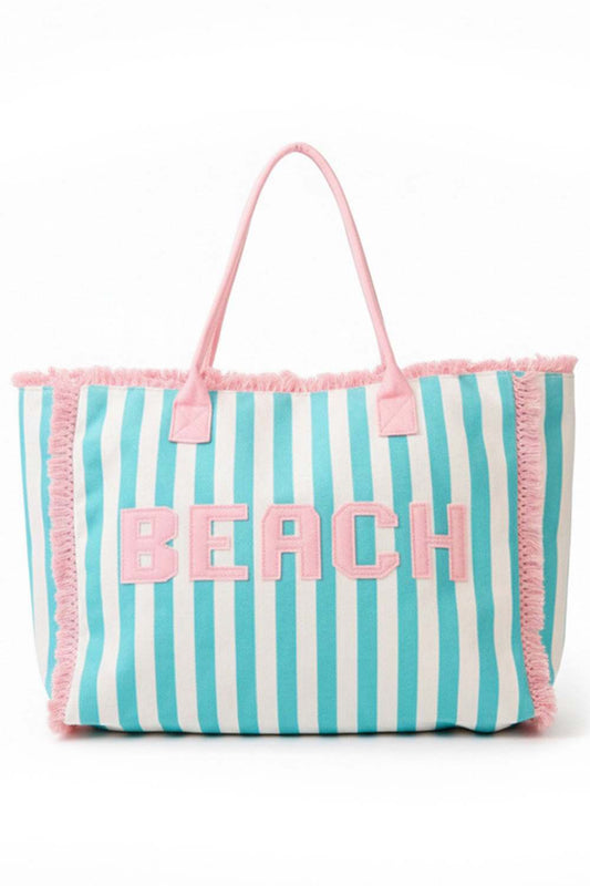 BEACH Letter with Striped Pattern and Frayed Summer Tote Bag