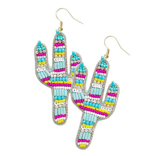Felt Back Multi Beaded Cactus Dangle Earrings