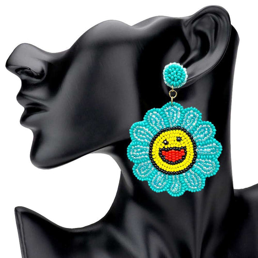 Felt Back Seed Beaded Smile Flower Dangle Earrings