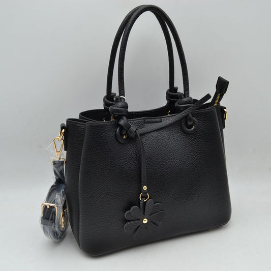 Top Handle Satchel Bag with Floral Charm and Shoulder Strap