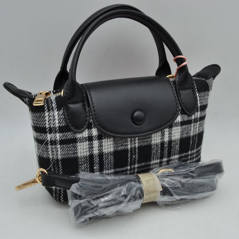 Plaid Fabric Mini Satchel Bag with Snap Flap and Shoulder Strap