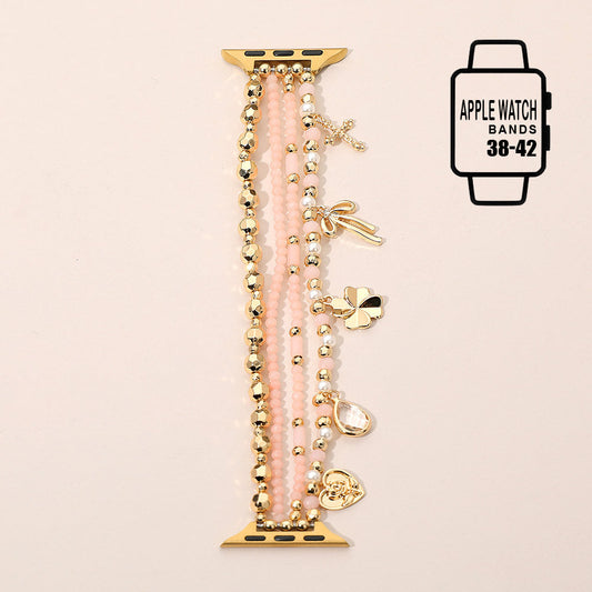 Bow Clover Heart Cross Charm Dangle Floral Ceramic Ball Pearl Beaded Multi Layered Apple Watch Band