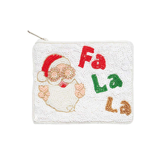 Fa La La Message Santa Beaded Christmas Mini Pouch Bag