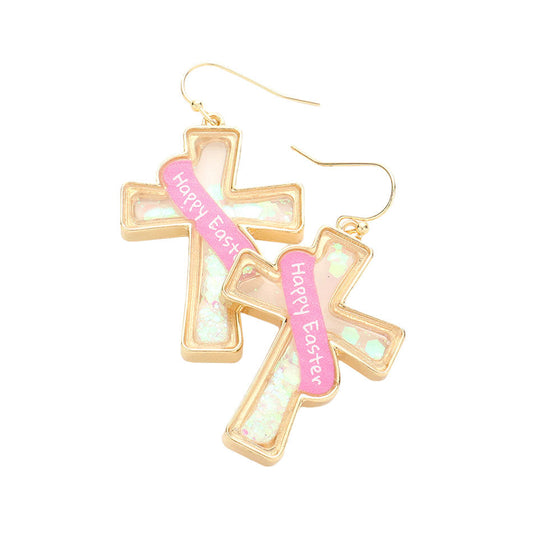 Happy Easter Message Confetti Cross Dangle Earrings