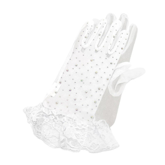 Stone Embellished Lace Cuff Mesh Dressy Wedding Gloves