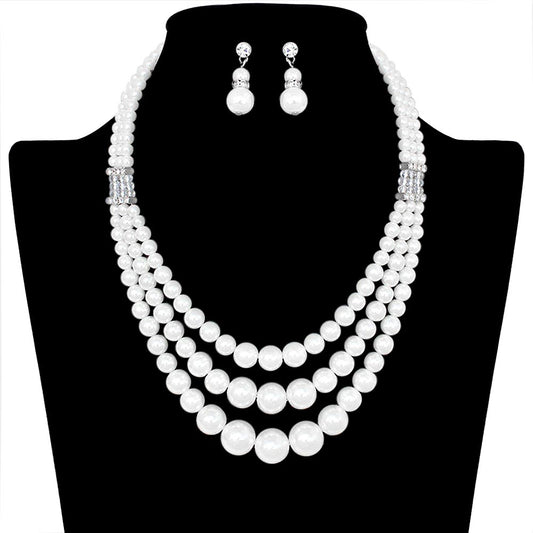 Multi Row Pearl Necklace Earring Set