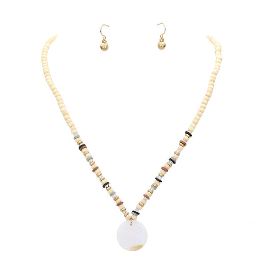 Wood Heishi Beaded Abalone Pendant Necklace