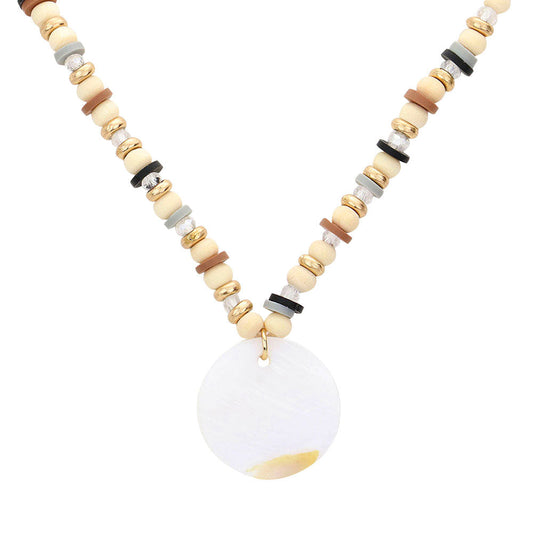 Wood Heishi Beaded Abalone Pendant Necklace