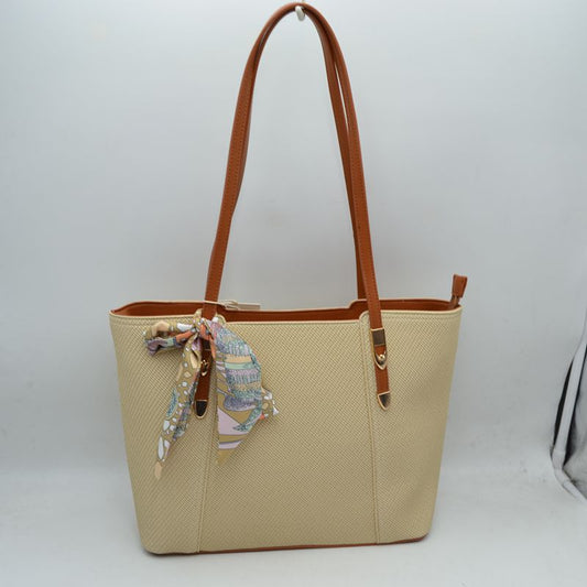 Riviera Textured Shoulder Tote Bag with Silk-Style Scarf Accent