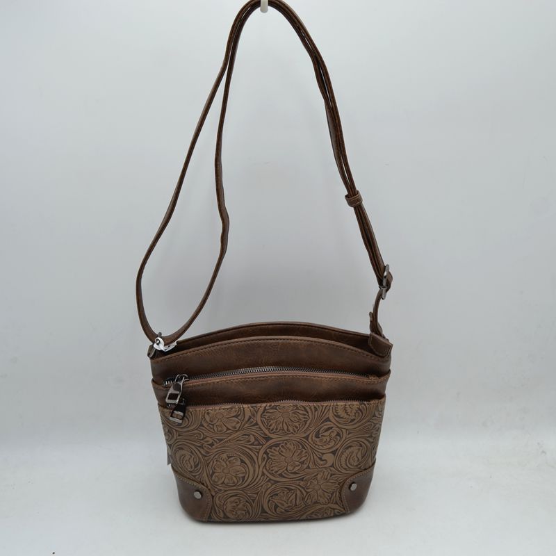 Embossed Floral Multi-Zipper Crossbody Bag with Adjustable Strap