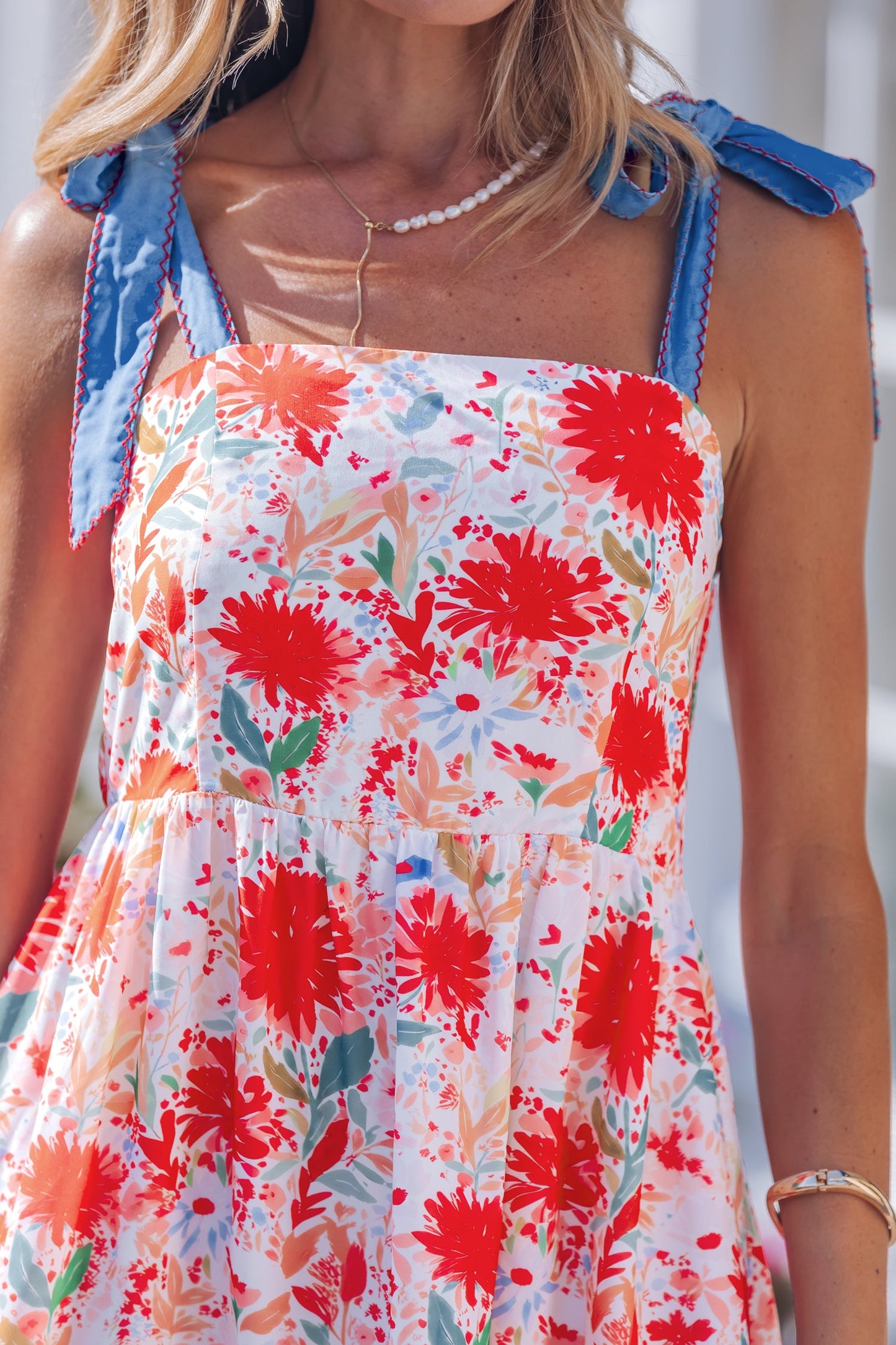 Floral Denim Tie Strap High Waist Maxi Dress