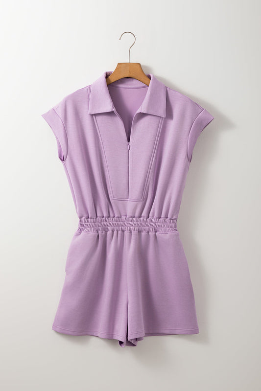 Solid Zipped Collar Short Sleeve High Waist Romper