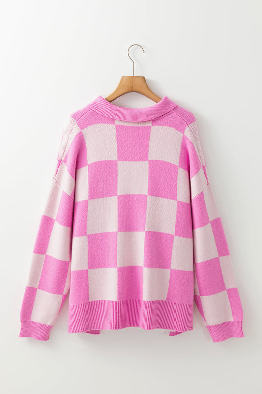 Checker Half Buttoned Collar Drop Shoulder Sweater