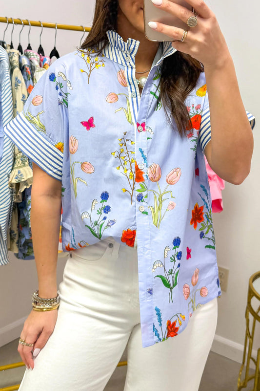 Floral Stripe Patchwork Ruffled Collar Shirt