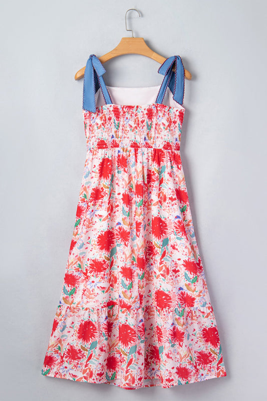 Floral Denim Tie Strap High Waist Maxi Dress