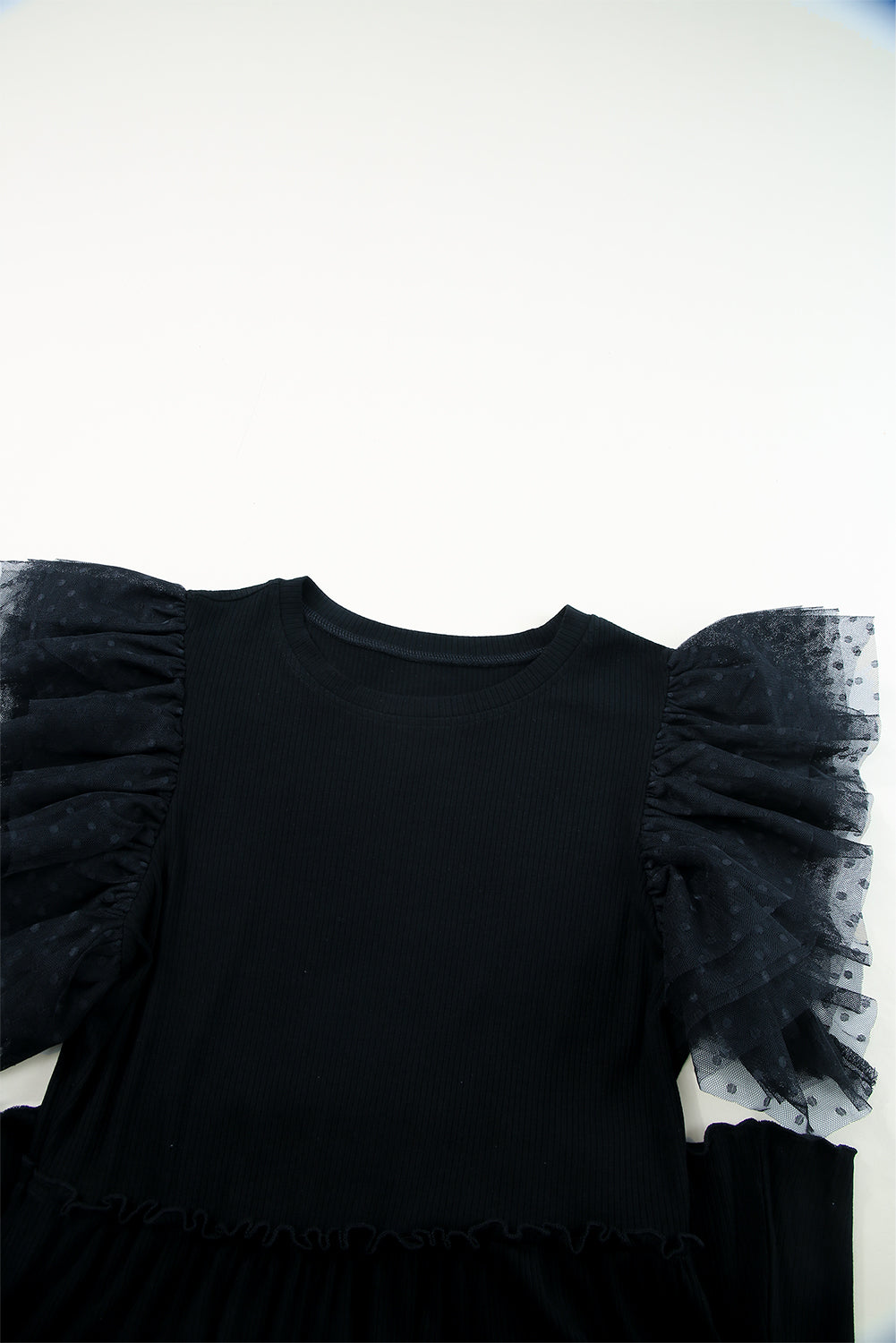 Dotted Mesh Ruffle Sleeve Ribbed Babydoll Dress