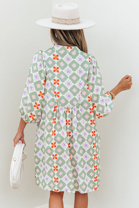 Reagan Floral Print 3/4 Sleeve Notched Neck Mini Dress
