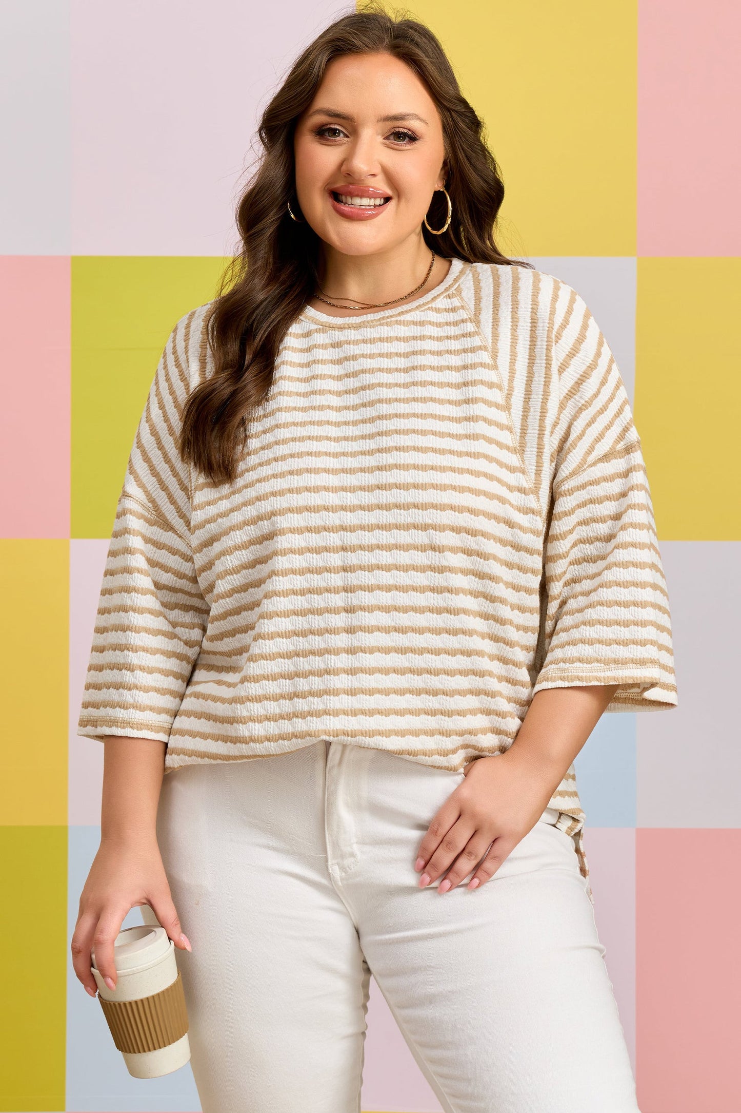Plus Size Stripe Textured Patchwork 3/4 Sleeve Top