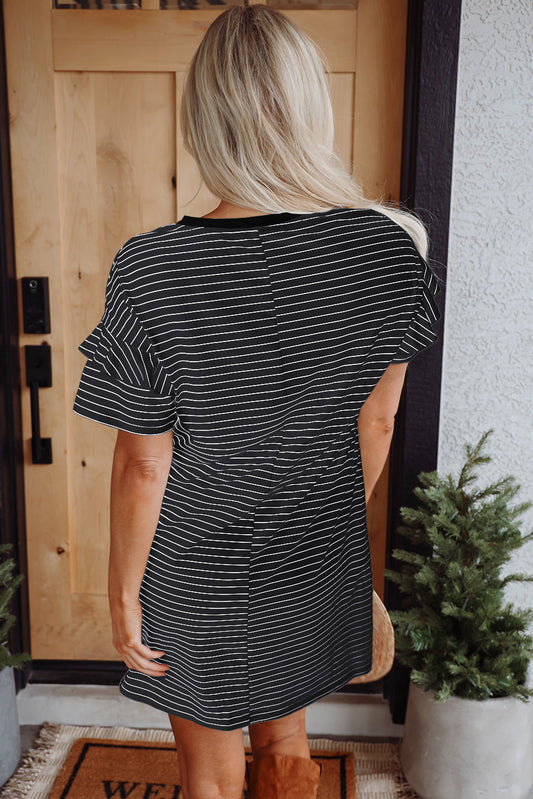 Stripe Ruffle Sleeve Crewneck T-Shirt Mini Dress