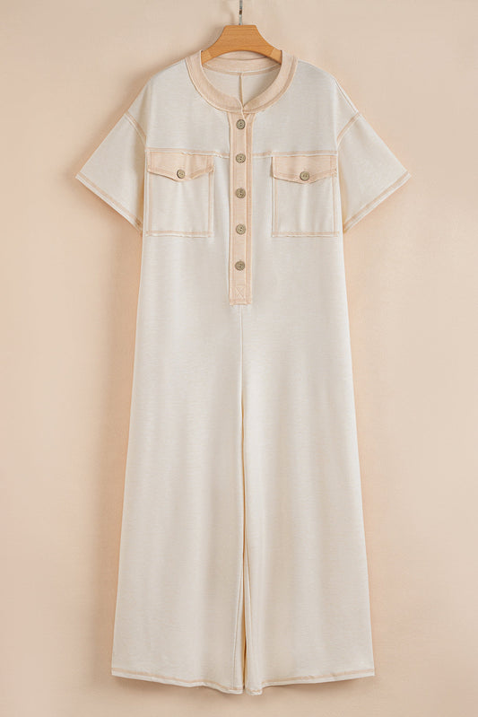 Half Placket Chest Pockets Wide Leg Jumpsuit
