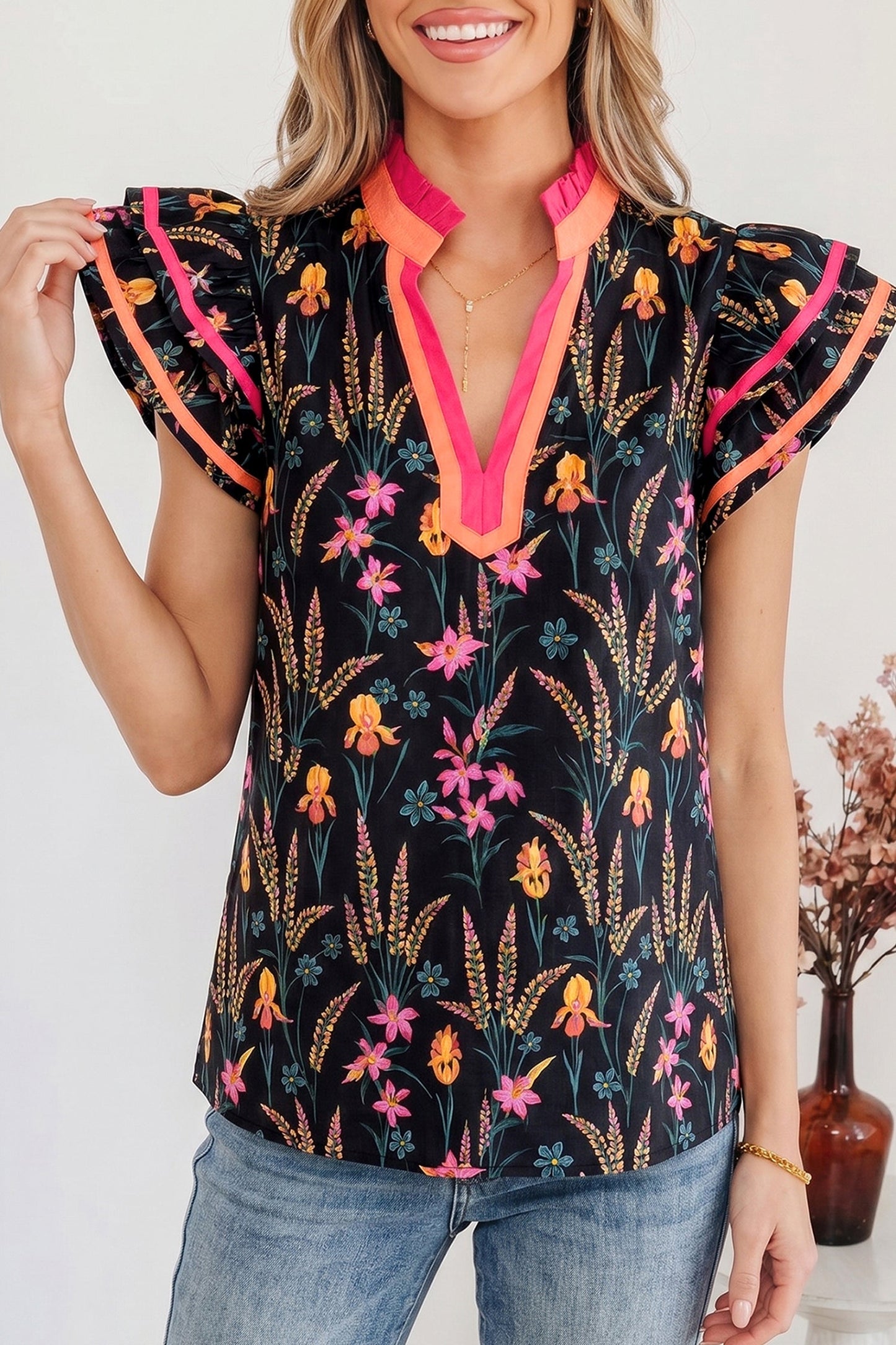 Floral Contrast Trim Tiered Ruffle Short Sleeve Blouse