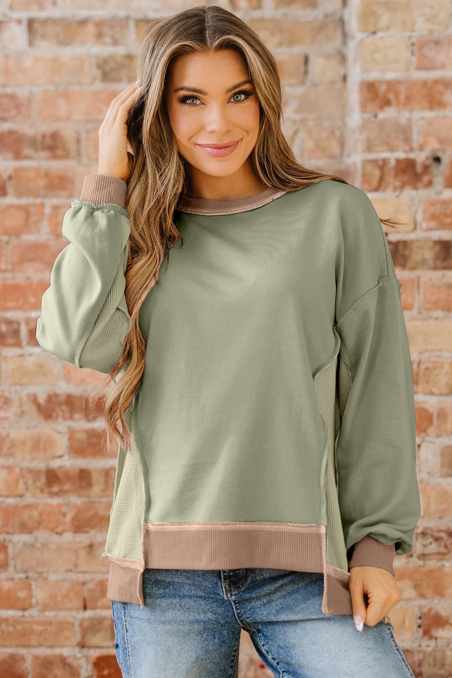 Colorblock Waffle Patchwork Oversize Sweatshirt