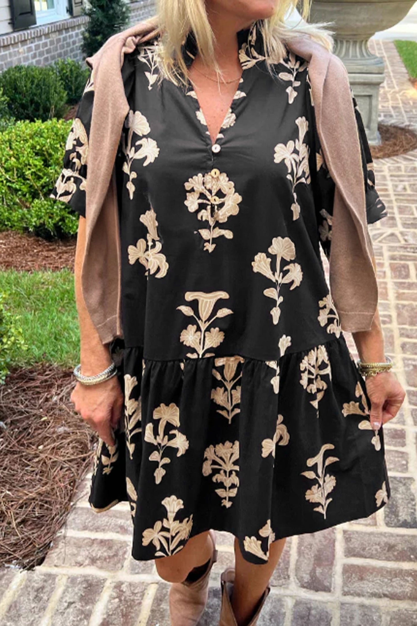 Floral Frilled V-Neck Puff Sleeve Mini Dress