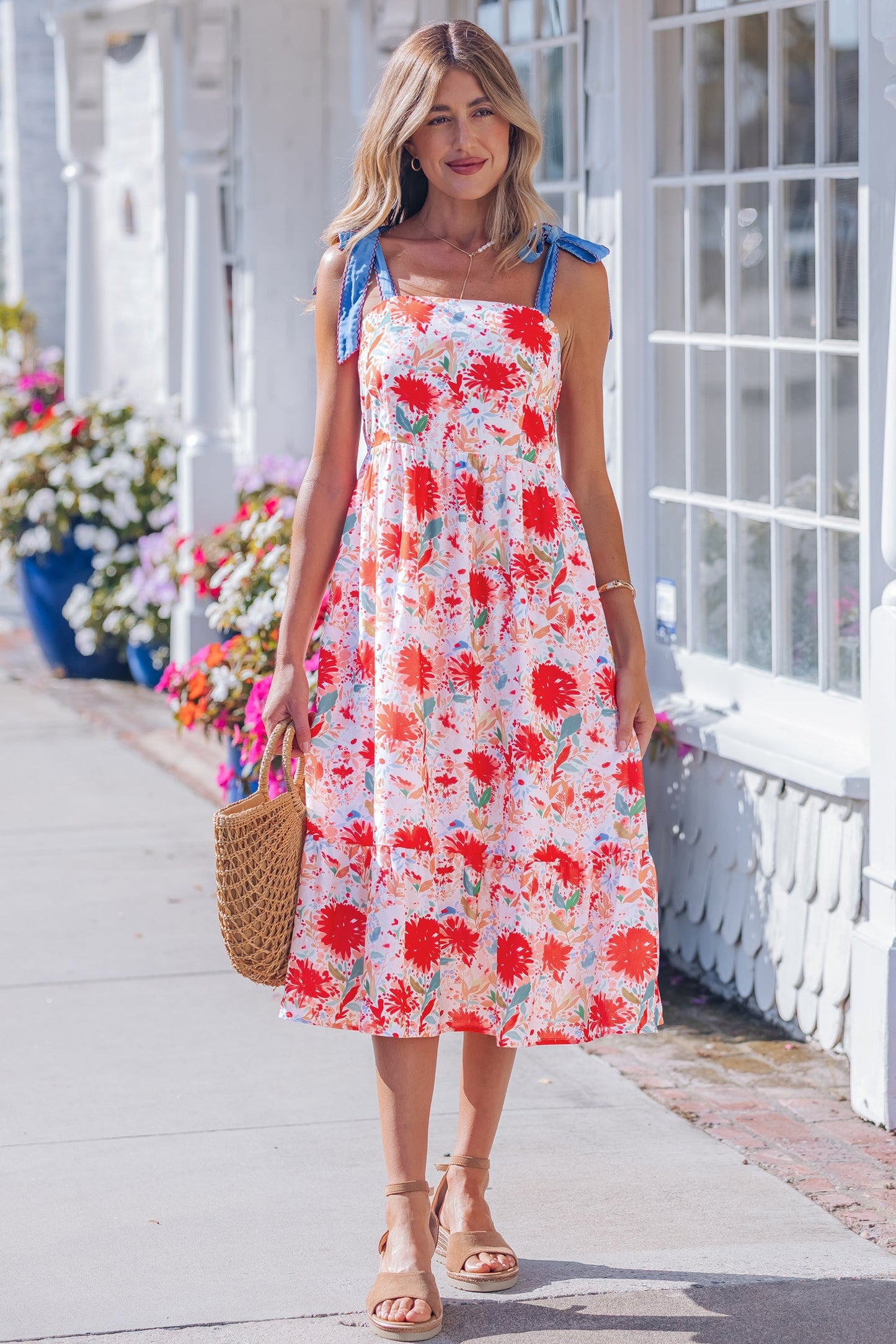 Floral Denim Tie Strap High Waist Maxi Dress