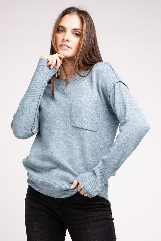 MELANGE HI-LOW HEM ROUND NECK SWEATER