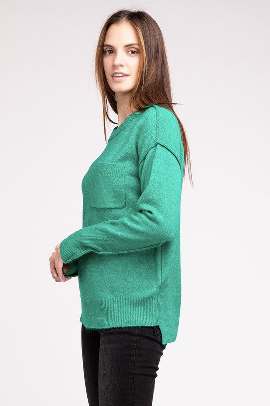 MELANGE HI-LOW HEM ROUND NECK SWEATER