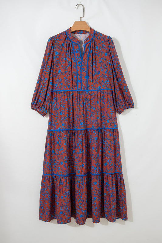 Floral Tiered 3/4 Puff Sleeve Midi Dress