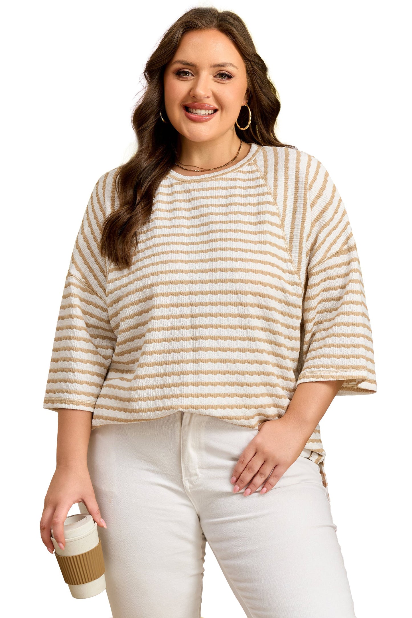 Plus Size Stripe Textured Patchwork 3/4 Sleeve Top