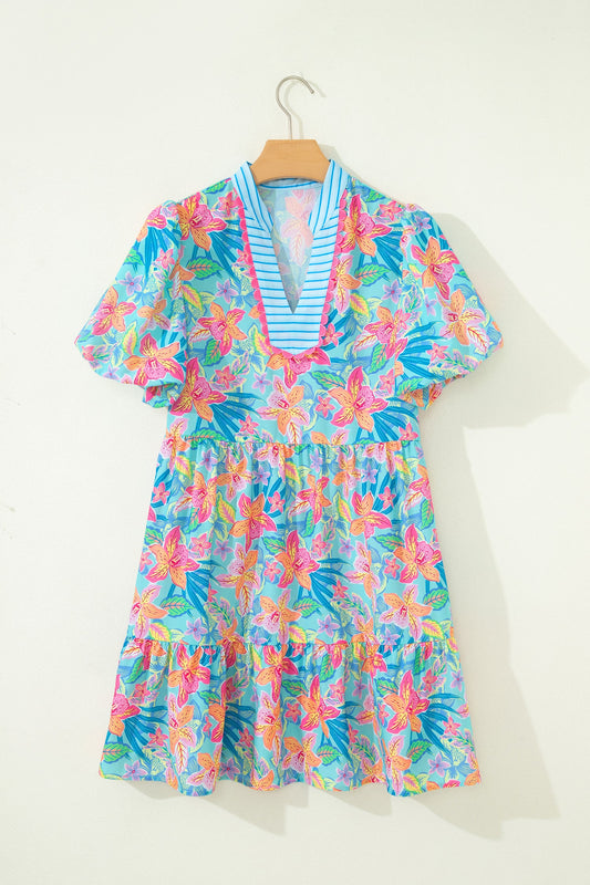 Floral Stripe Scallop Trim V-Neck Tiered Dress