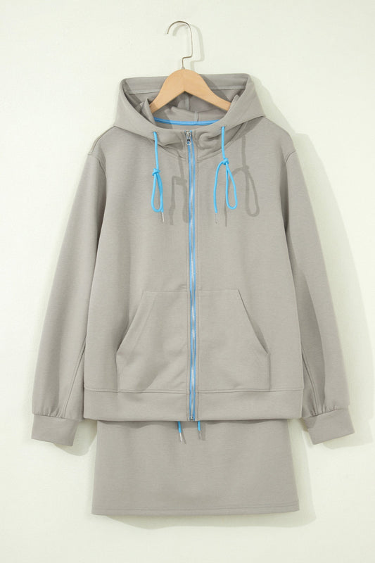 Contrast Trim Zip-Up Jacket & Drawstring Skort Set