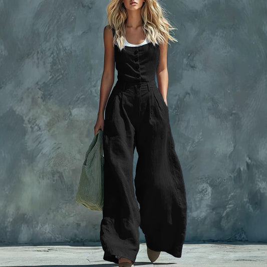 Women's Retro High-Waist Wide-Leg Jumpsuit – Vintage Button Closure Elegant