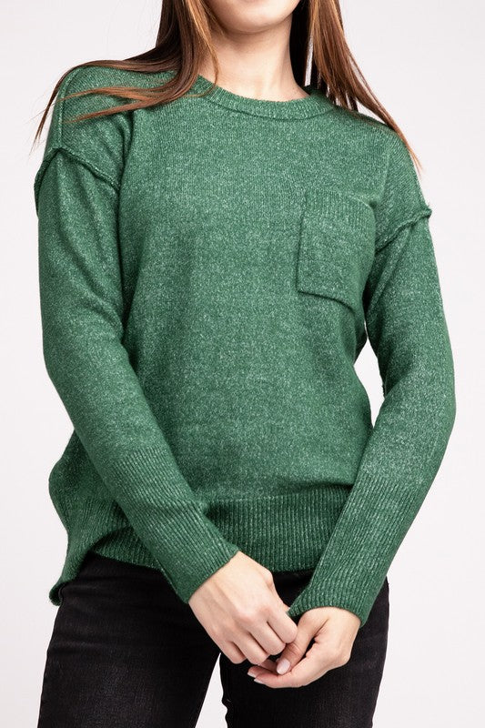 MELANGE HI-LOW HEM ROUND NECK SWEATER