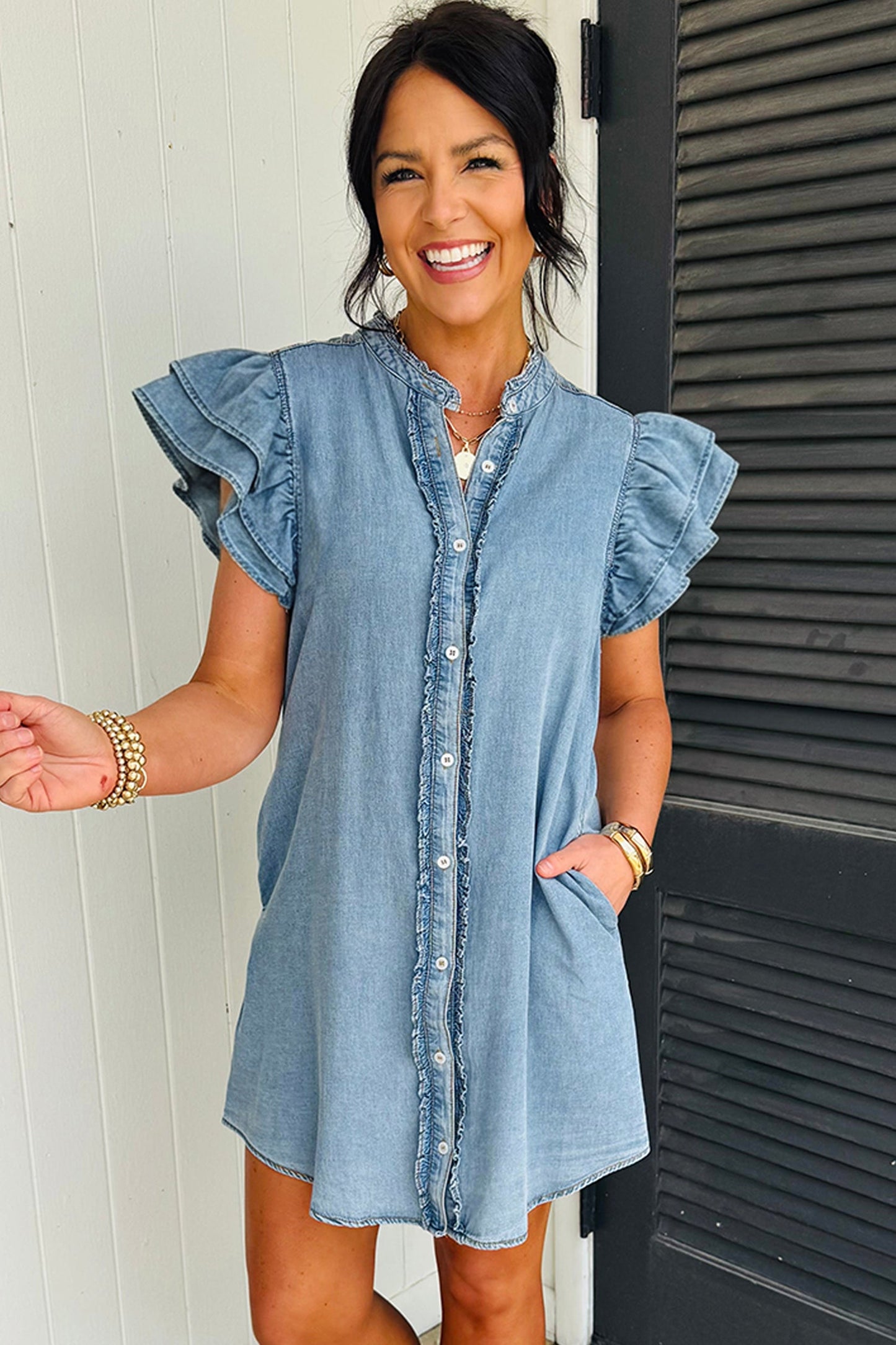 Solid Denim Frilled Ruffle Sleeve Buttoned Mini Dress