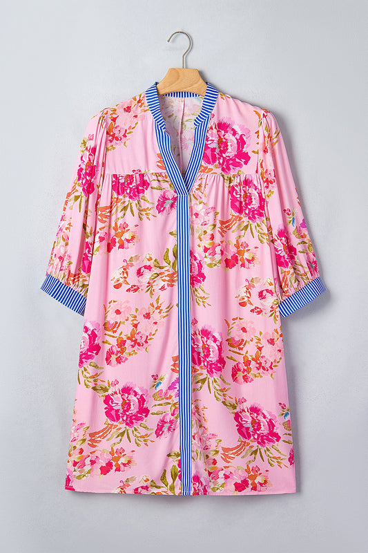 Floral Stripe Patchwork Trim 3/4 Sleeve Mini Dress
