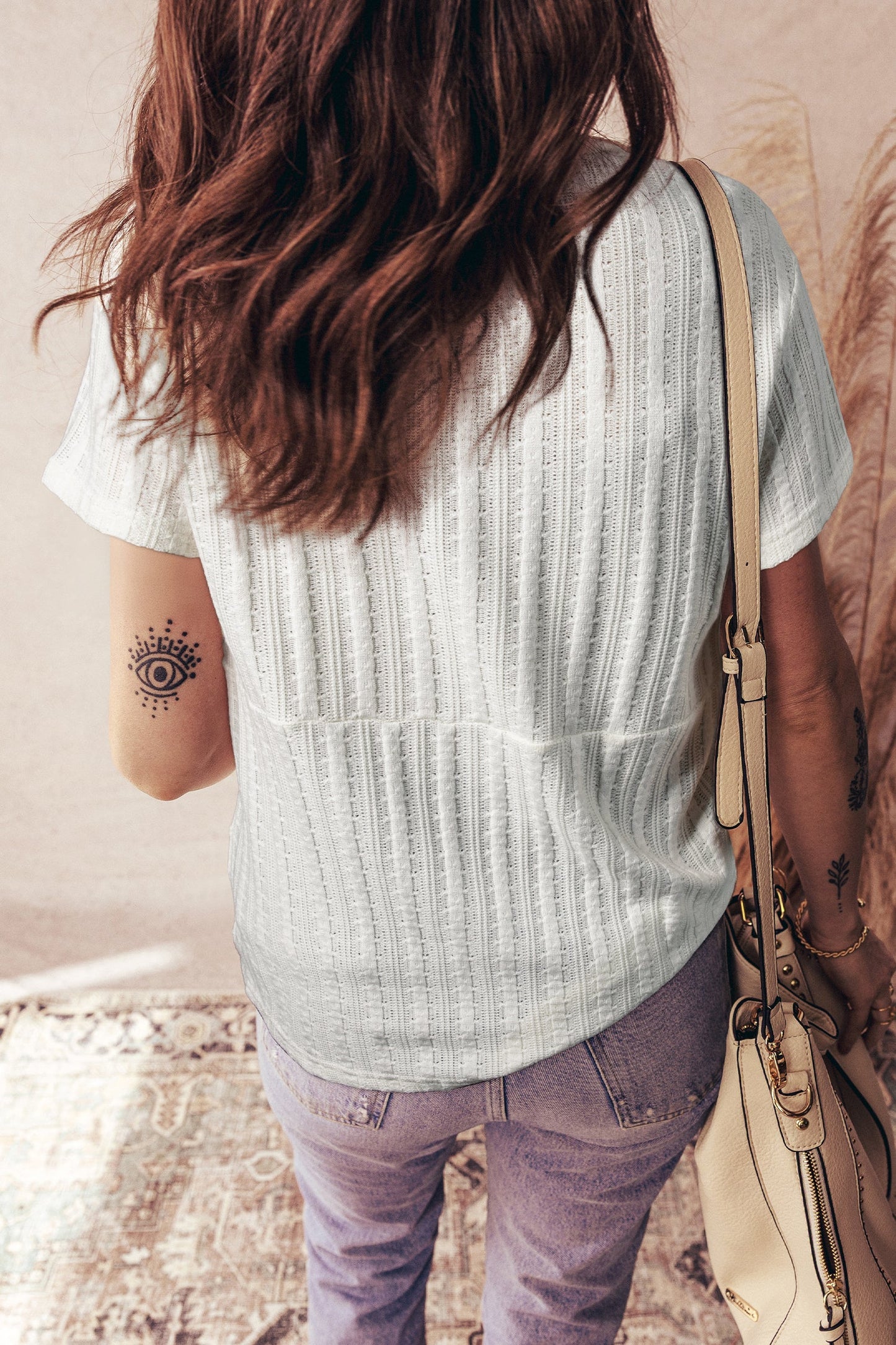Solid Textured Knit V-Neck Henley Tee