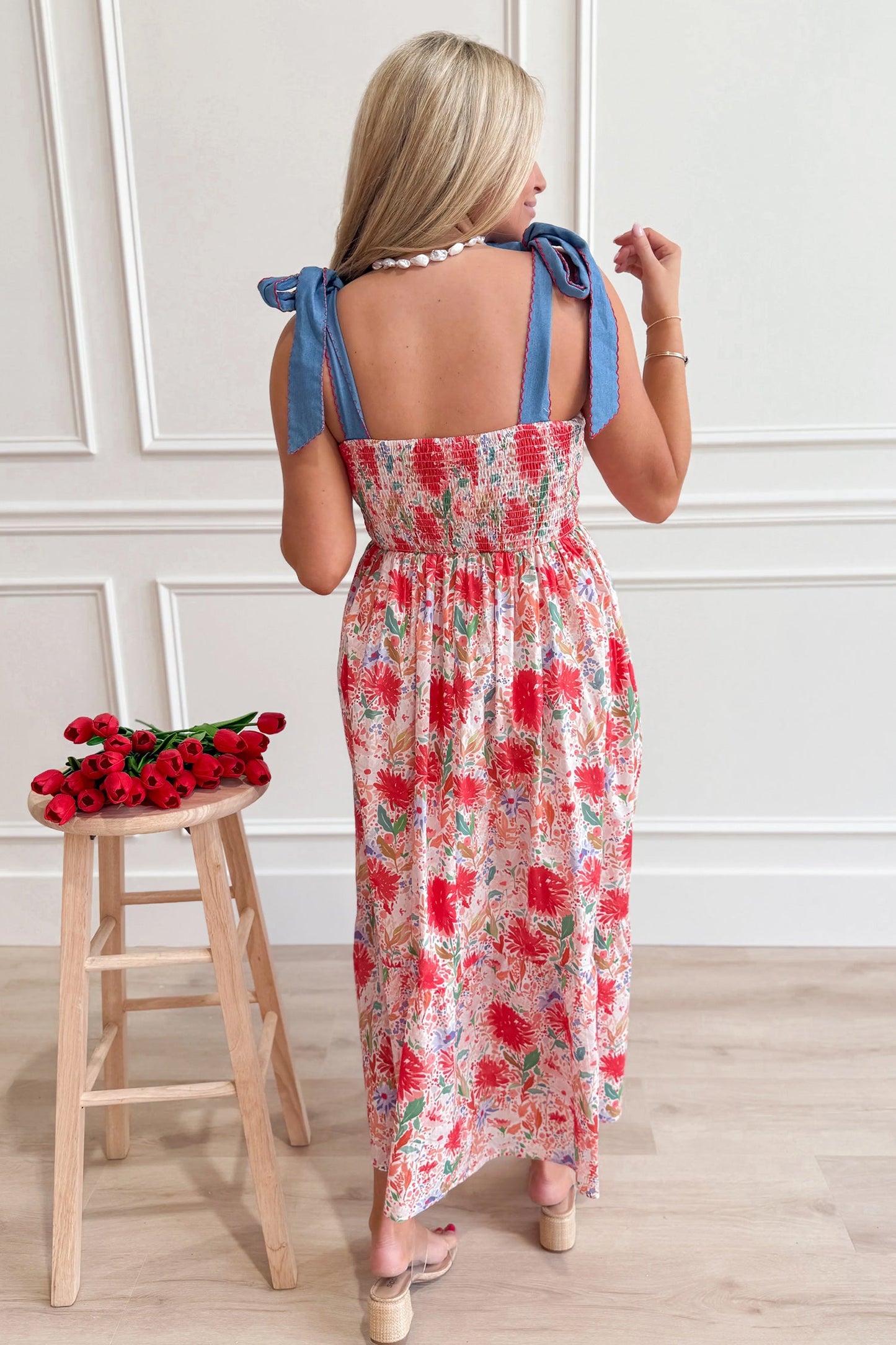 Floral Denim Tie Strap High Waist Maxi Dress
