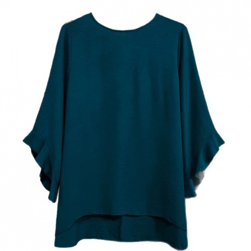 Women's Solid Color Loose Round-Neck Top – Ruffled Three-Quarter Sleeves