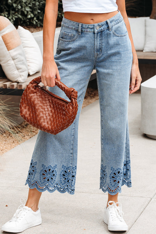 Juliette Embroidered Cropped Wide Leg High Waist Jeans
