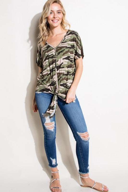 CAMO V NECK BUTTON DOWN TOP