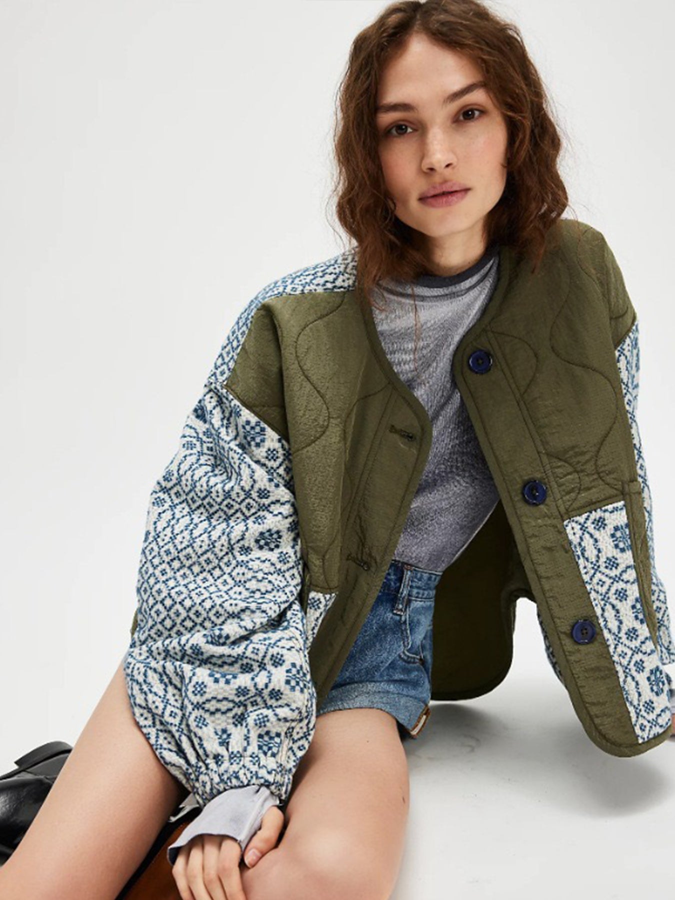 Women's Quilted Printed Patchwork Button Coat — Slim Fit